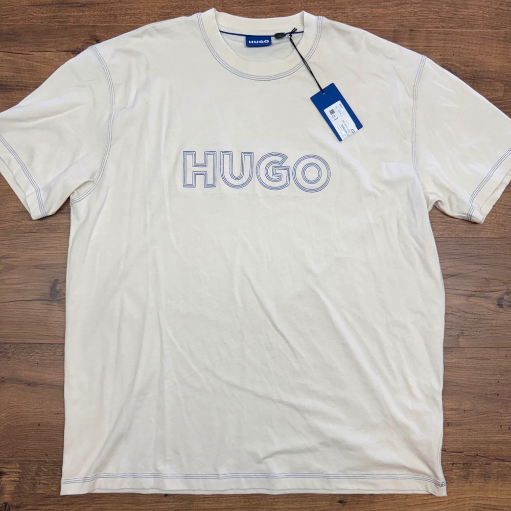NEW‎ Hugo Boss Shirt Mens XL Nitlog Beige Tan Spellout Tee Oversized Embroidered